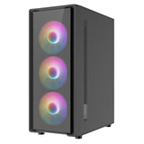 Black desktop PC case with three front RGB LED cooling fans, angled view