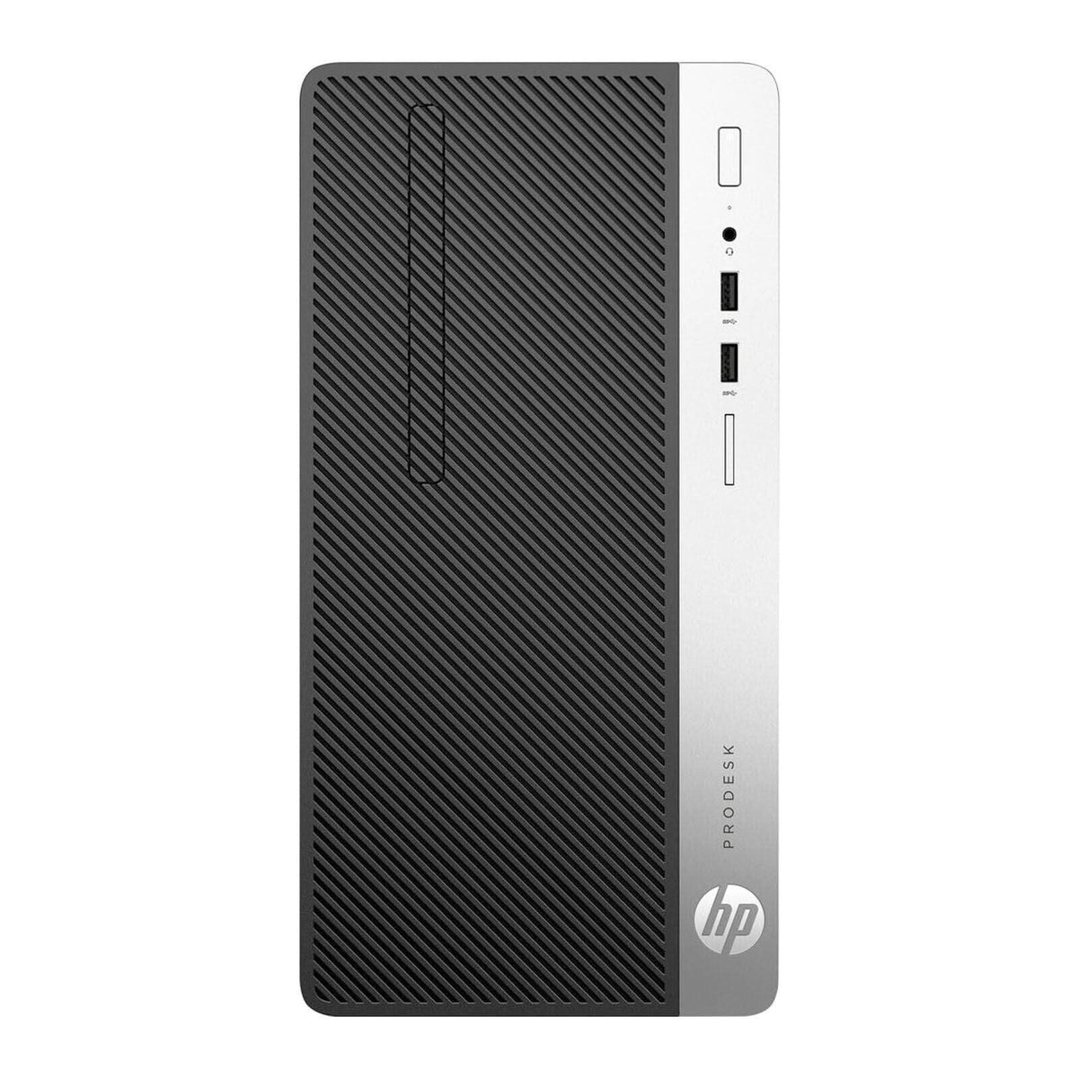 Front view of HP ProDesk desktop computer with USB ports and headphone jack