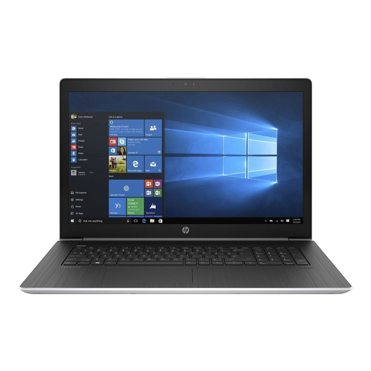HP laptop with Windows 10, large display, black keyboard, and numeric keypad