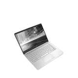 Refurbished silver HP laptop with cityscape on screen, angled on white background