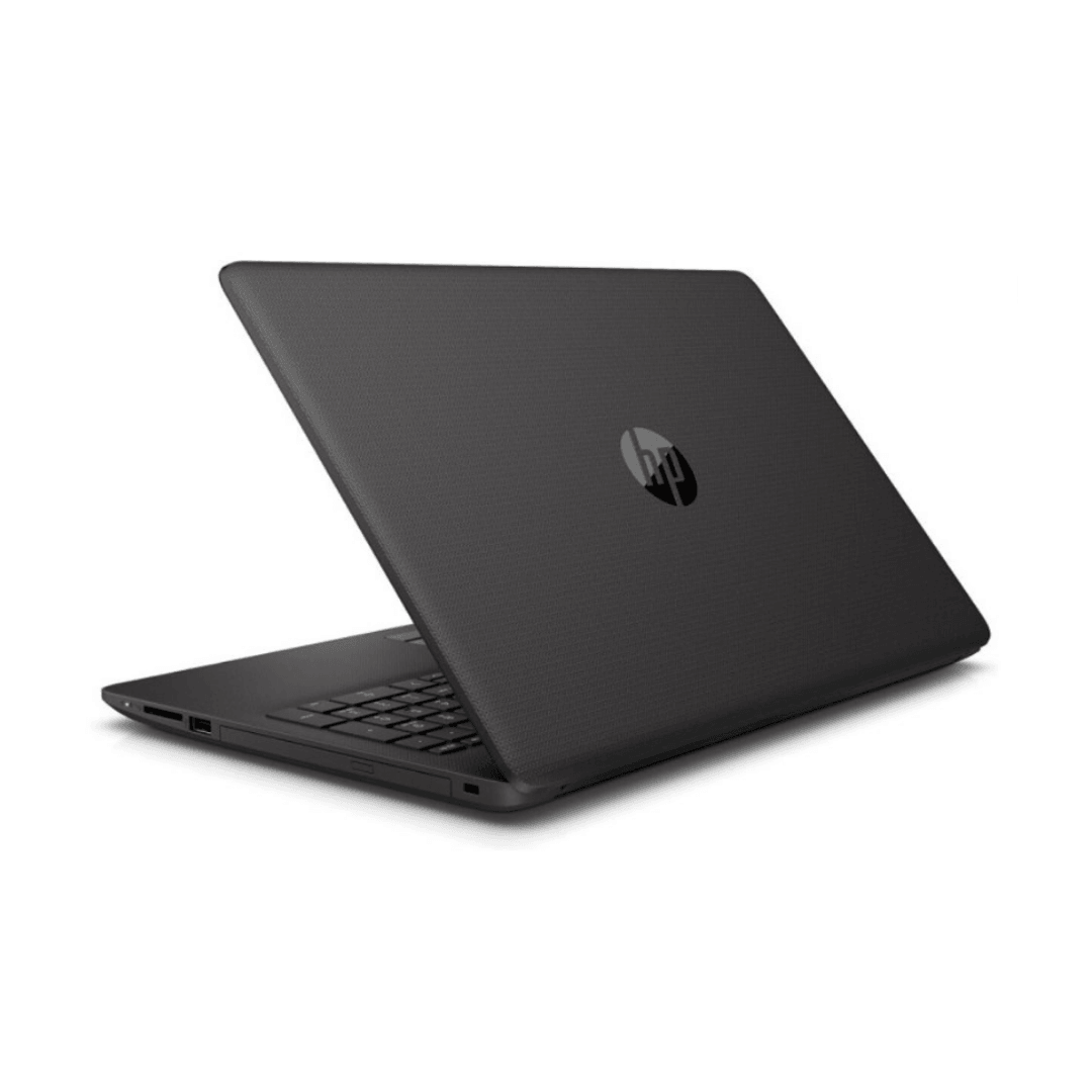 Black HP laptop partially open, showing keyboard and rear logo on plain white background
