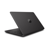 Black HP laptop partially open, showing keyboard and rear logo on plain white background