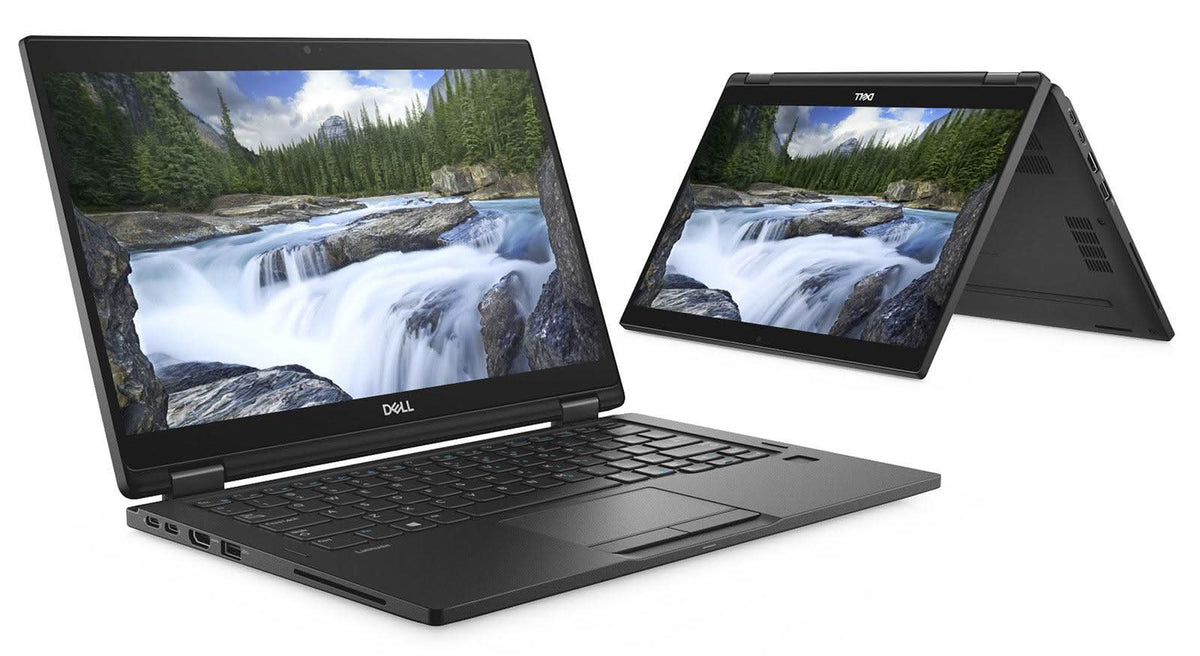 Dell 2-in-1 convertible laptop in laptop and tent modes, with landscape on screen