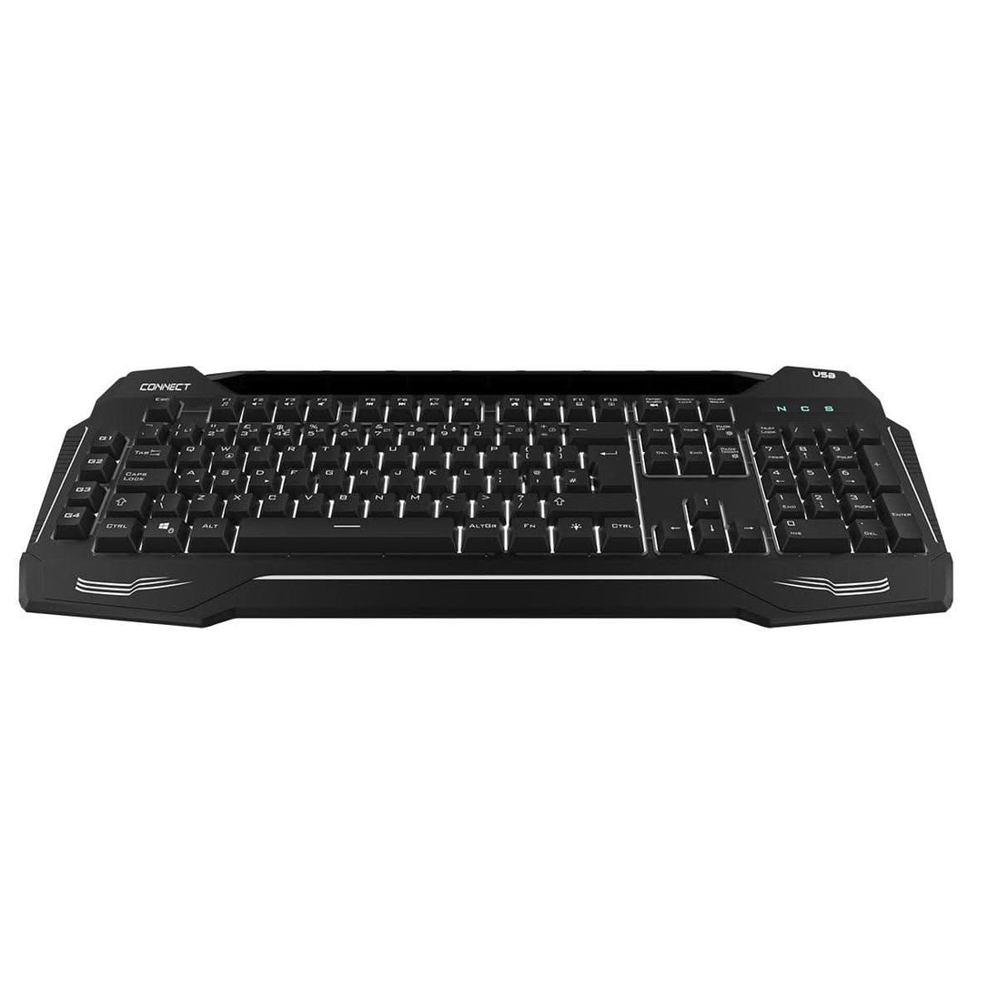 Black wired USB keyboard with full-size keys and modern angular design, front view