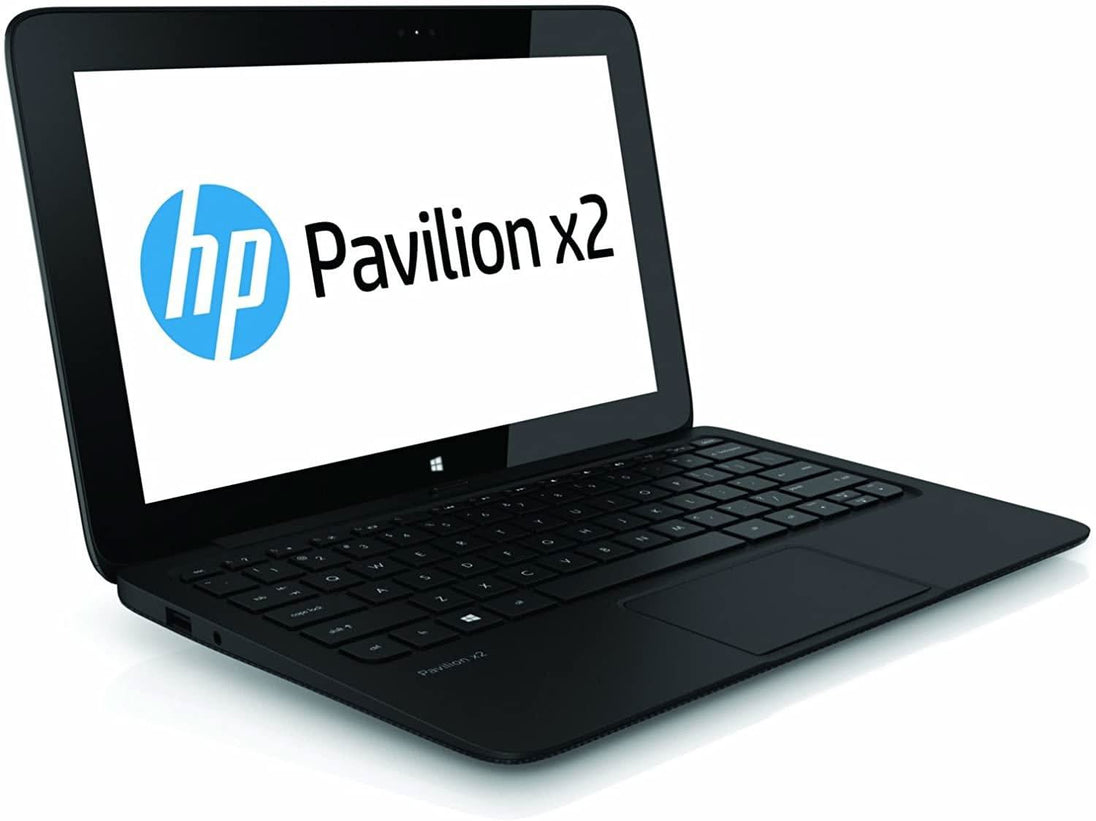 HP Pavilion x2 black laptop with keyboard and screen, angled on white background