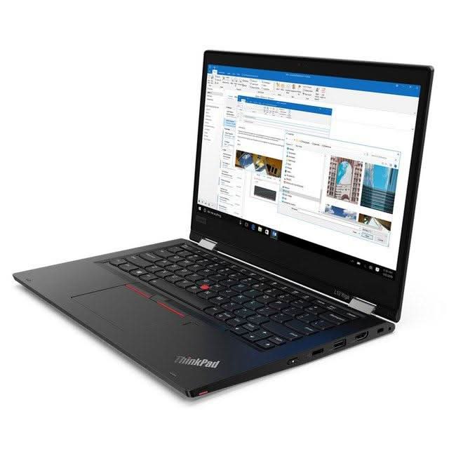 Refurbished Lenovo ThinkPad laptop with Windows OS, angled open on white background