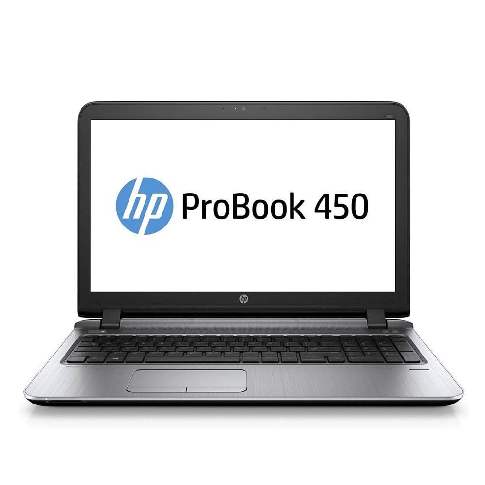 HP ProBook 450 laptop with open screen and visible keyboard, refurbished business laptop