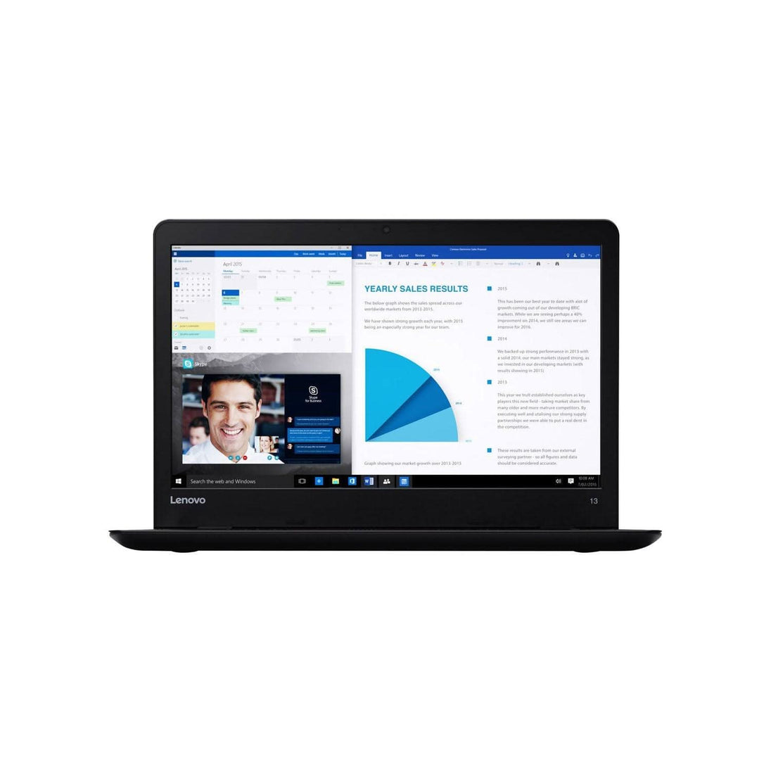 Lenovo laptop with screen displaying video call, calendar, and graphs on a white background