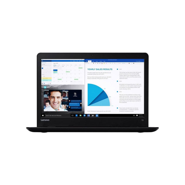 Lenovo laptop with screen displaying video call, calendar, and graphs on a white background