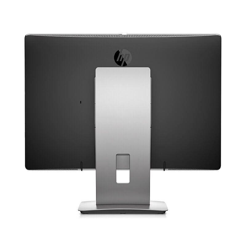 Rear view of HP all-in-one desktop computer with silver stand on white background