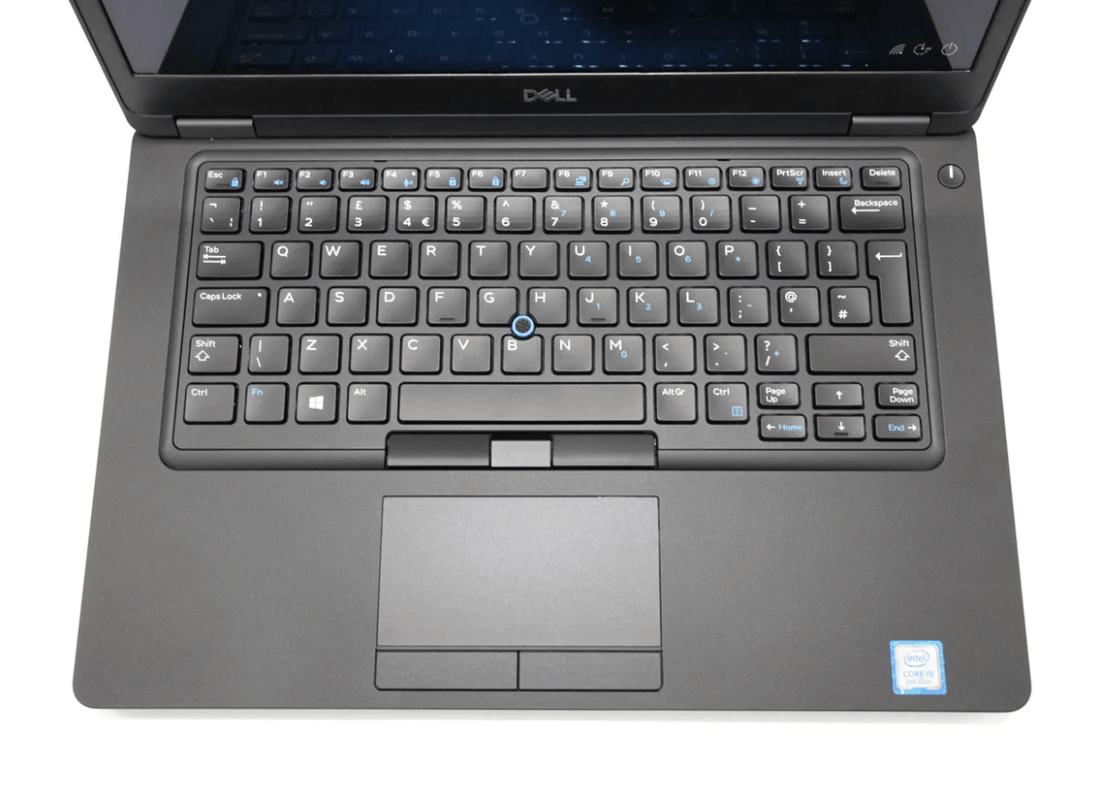 Closeup of Dell laptop keyboard and touchpad, Intel Core i5 sticker visible