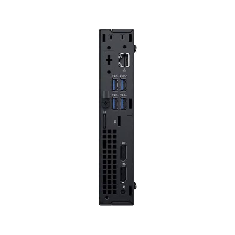 Back view of a compact desktop computer showing USB ports, Ethernet port, and DisplayPort outputs.