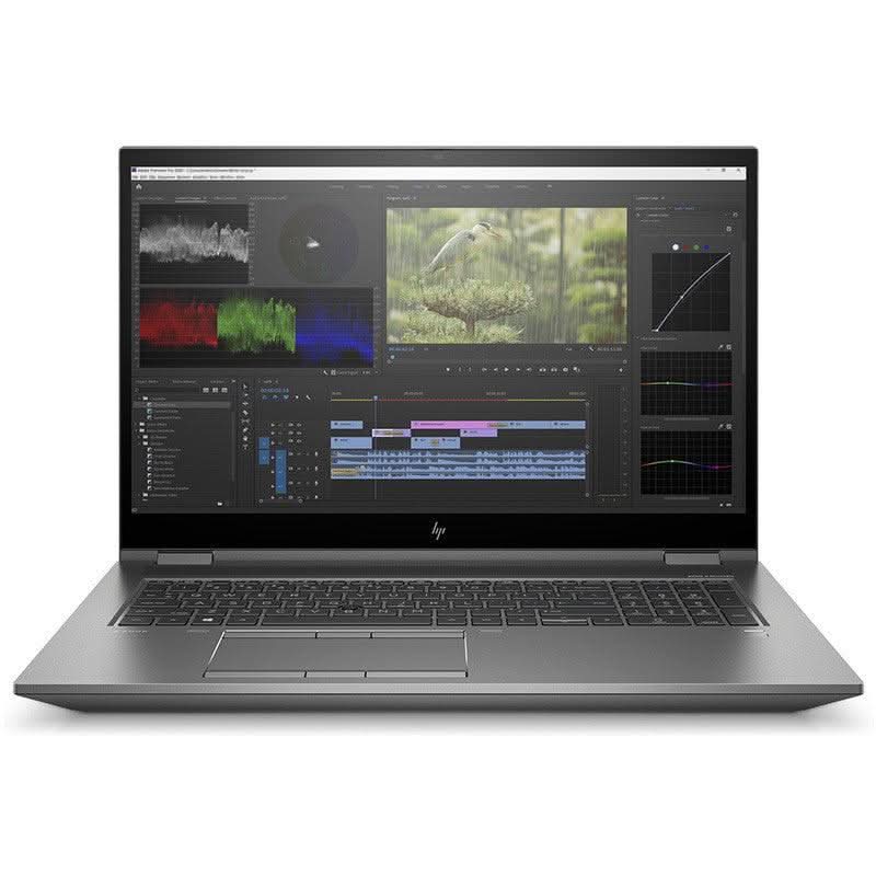 Refurbished HP laptop with large screen and keyboard, displaying video editing software