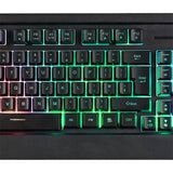 RGB backlit keyboard with illuminated keys and media controls, close-up view
