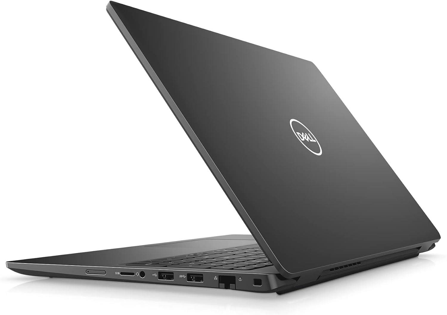 Open black Dell laptop showing rear and side ports on a white background.