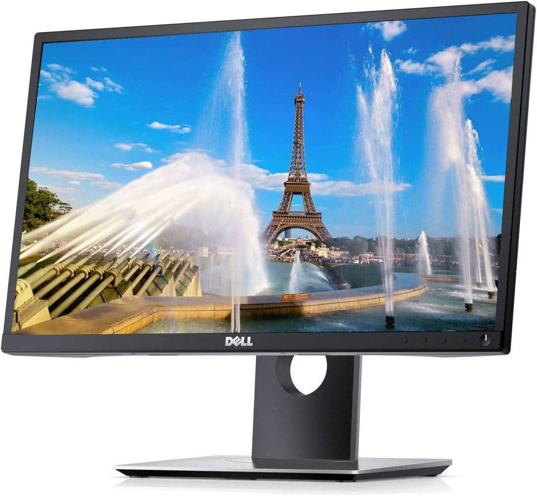 Dell computer monitor displaying Eiffel Tower with fountains on screen