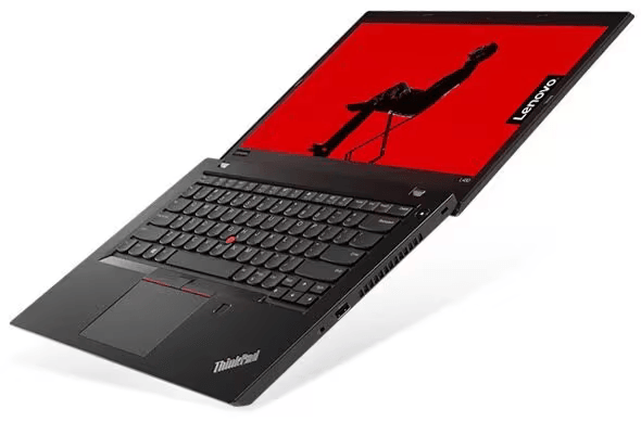 Refurbished Lenovo ThinkPad laptop partially open with a red screen and UK keyboard layout