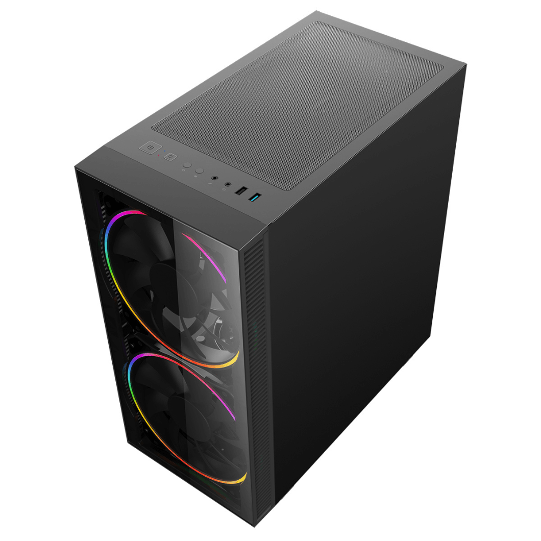 Black desktop PC tower with RGB fans and front USB ports.