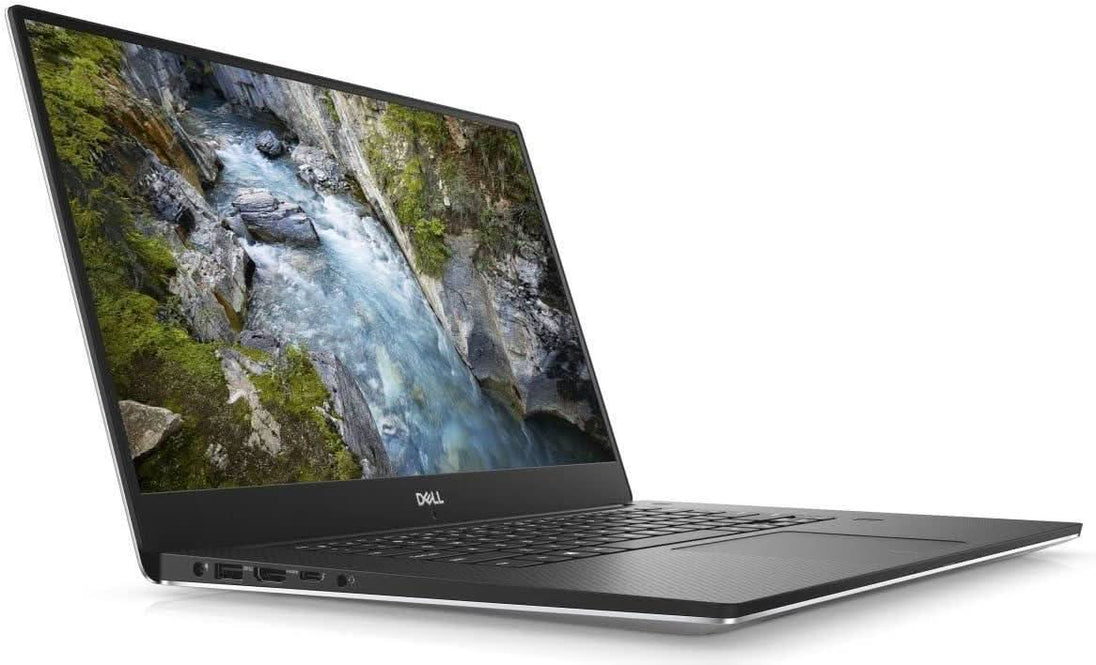 Refurbished Dell laptop with scenic display, thin bezel, black keyboard, side ports visible