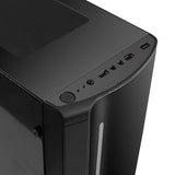 Close-up of a black desktop computer case with USB ports and power button