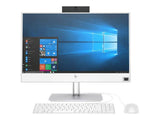HP all-in-one desktop computer with Windows 10, white keyboard and mouse on white background