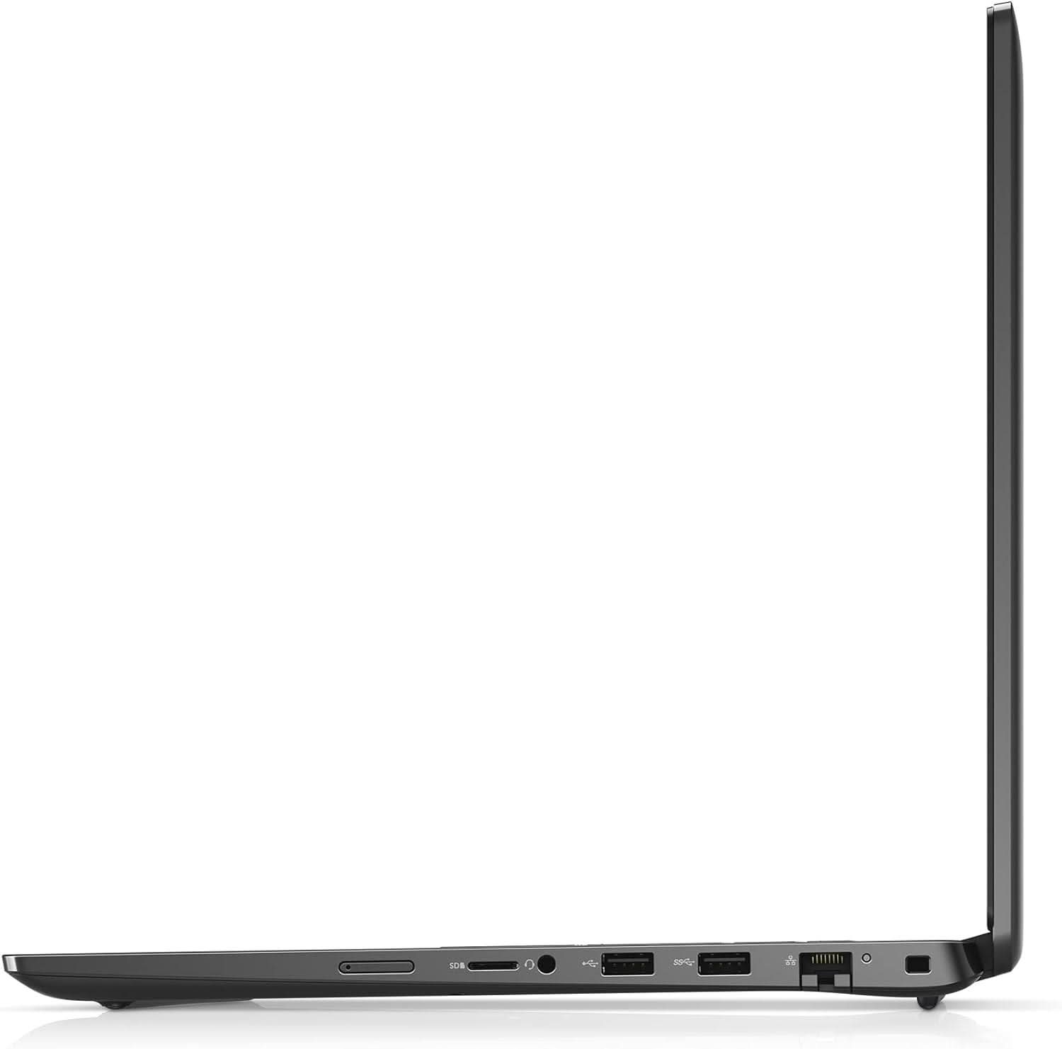 Side view of a slim refurbished laptop showing USB, SD card, and Ethernet ports on a white background.