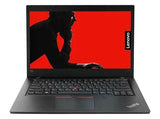 Lenovo ThinkPad laptop open on white background with red display and silhouette graphic