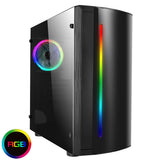 Black desktop PC tower with RGB LED lighting and side panel, modern electronics