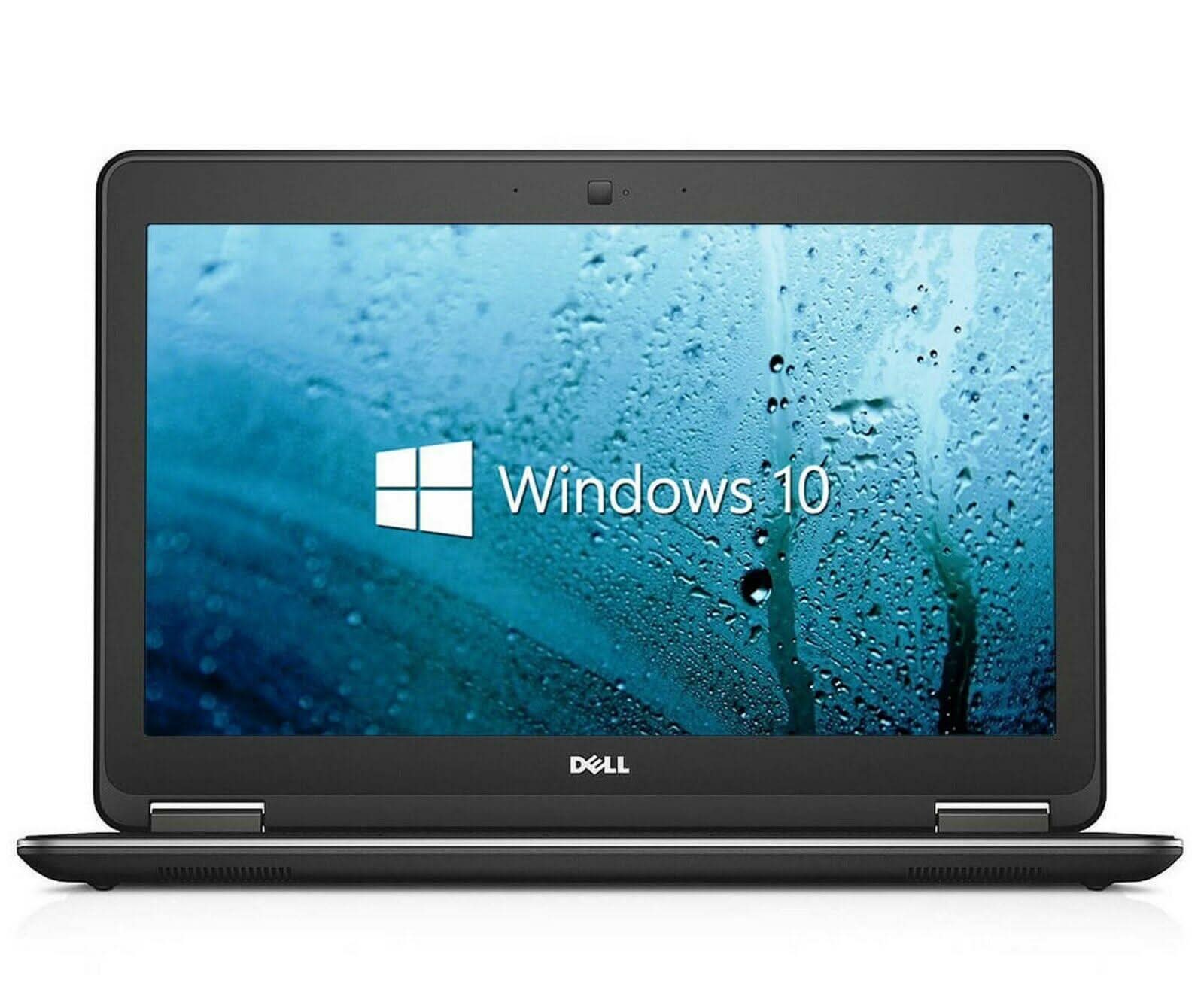 Dell laptop with Windows 10 on screen, black chassis, front view