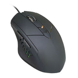 Black ergonomic wired gaming mouse with side buttons and illuminated scroll wheel