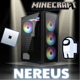 Gaming PC with RGB lights, Minecraft title, Roblox and Among Us icons, NEREUS model