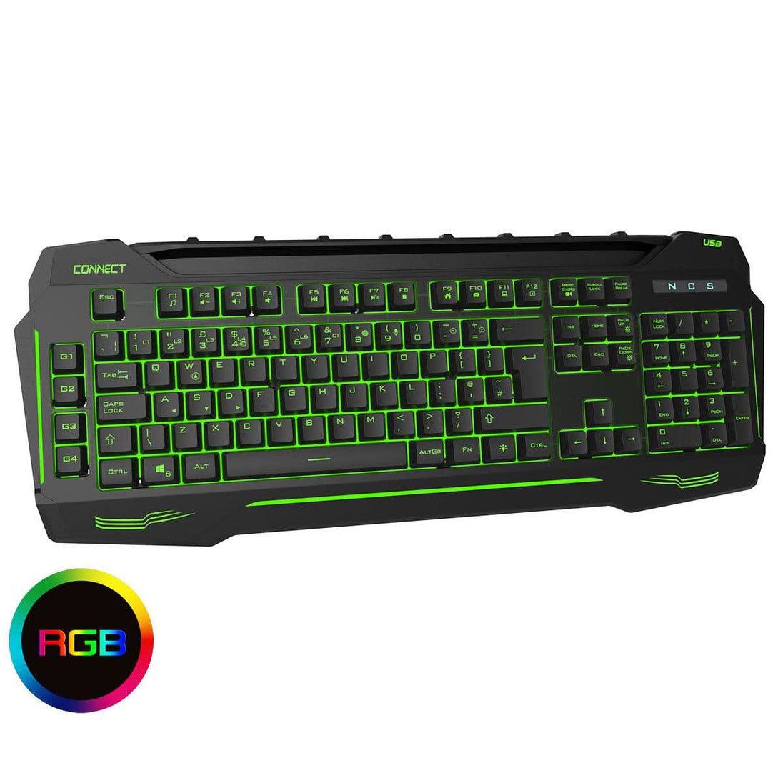 Black USB gaming keyboard with green backlit keys and RGB lighting icon, full layout