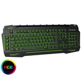 Black USB gaming keyboard with green backlit keys and RGB lighting icon, full layout