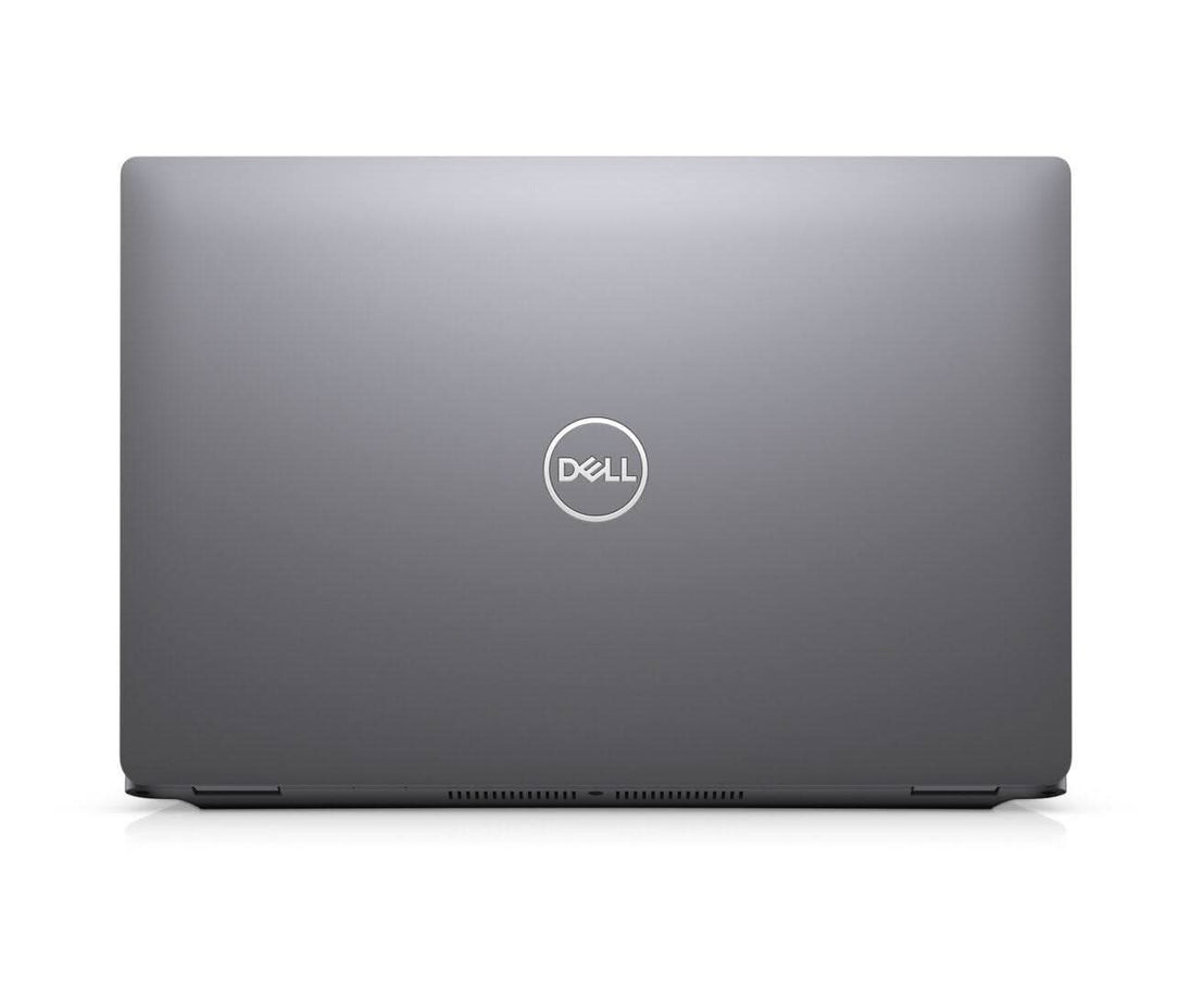 Silver Dell laptop closed, rear view, professional refurbished computer