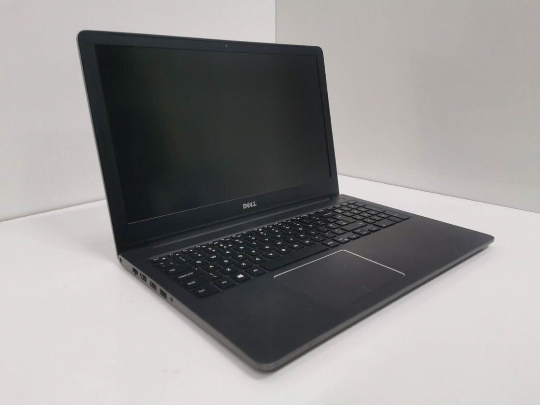 Refurbished Dell laptop with black keyboard on white background, open and powered off