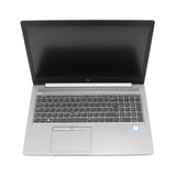 Refurbished HP laptop with large display and black keyboard on white background