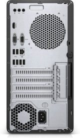 Back panel of a desktop computer tower showing USB, HDMI, VGA ports, and cooling fans.