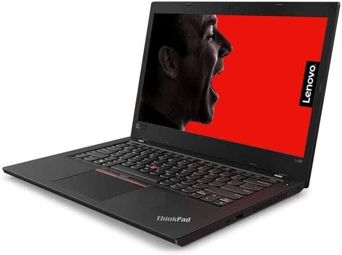 Lenovo ThinkPad laptop with red background screen and side profile of a man yelling