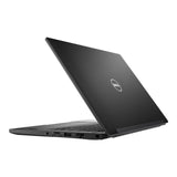 Refurbished Dell laptop open at angle, showing black matte finish and multiple side ports