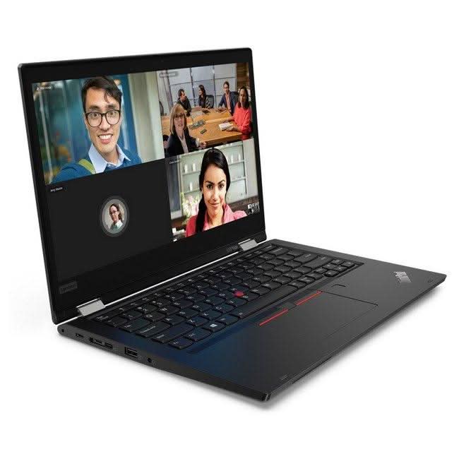 Refurbished Lenovo ThinkPad laptop with video conference on screen, black keyboard, professional tech