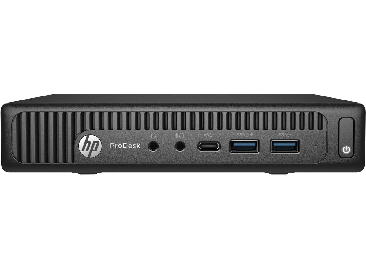 Front view of HP ProDesk mini desktop with USB ports and power button