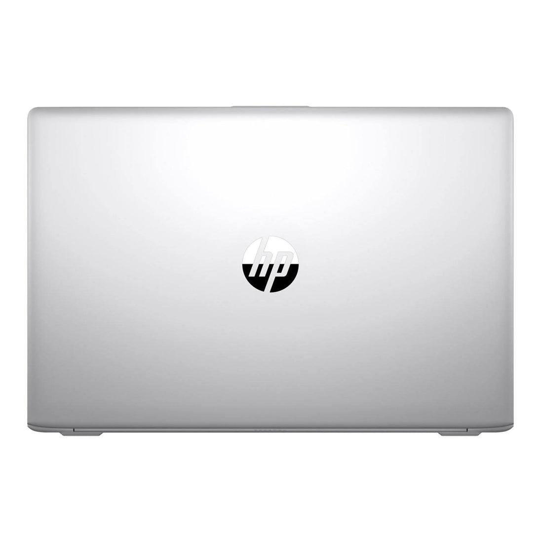 Silver HP laptop closed, featuring HP logo on lid, refurbished professional computer.