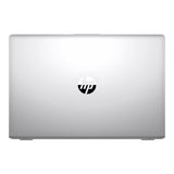 Silver HP laptop closed, featuring HP logo on lid, refurbished professional computer.