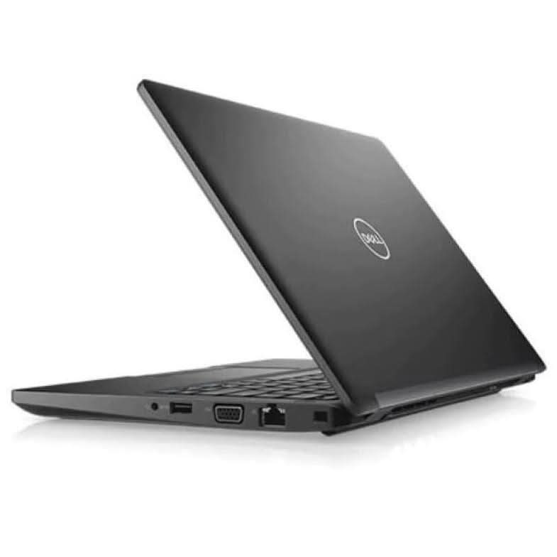 Refurbished Dell laptop partially open showing side ports on white background