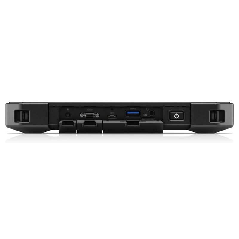 Close-up of laptop rear ports including HDMI, USB, power button, and lock slot on a rugged laptop