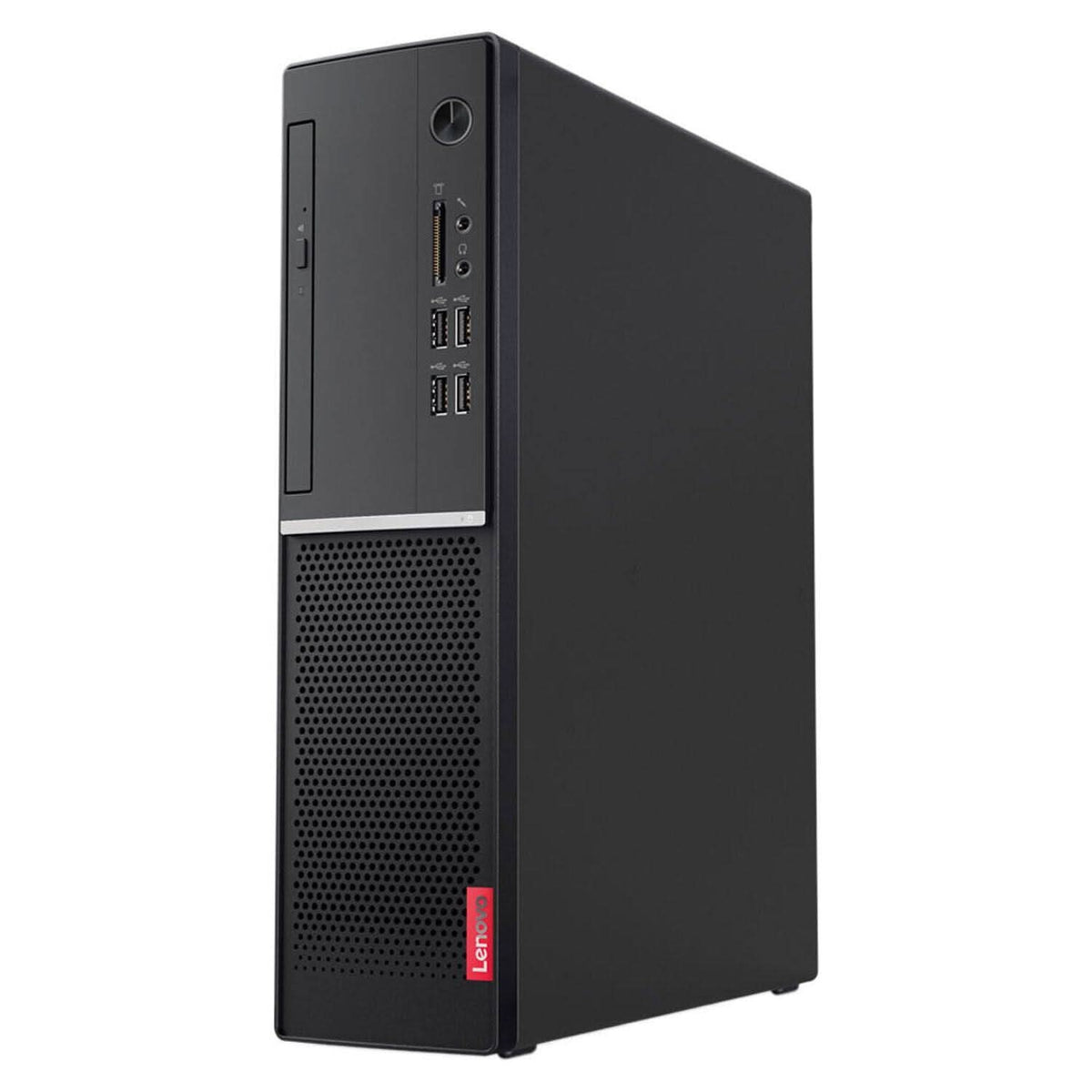 Lenovo black desktop tower computer with front USB ports and ventilation, angled view