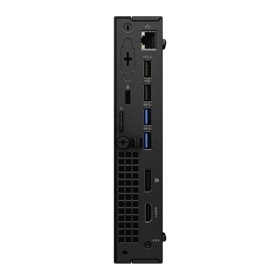 Back view of a refurbished mini desktop PC showing USB, HDMI, DisplayPort, and Ethernet ports.