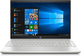 Silver HP Pavilion laptop displaying Windows 10 home screen, front view, white background