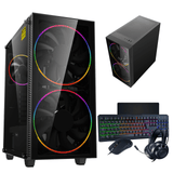 RGB gaming PC desktop set with LED fans, keyboard, mouse, and headset on white background