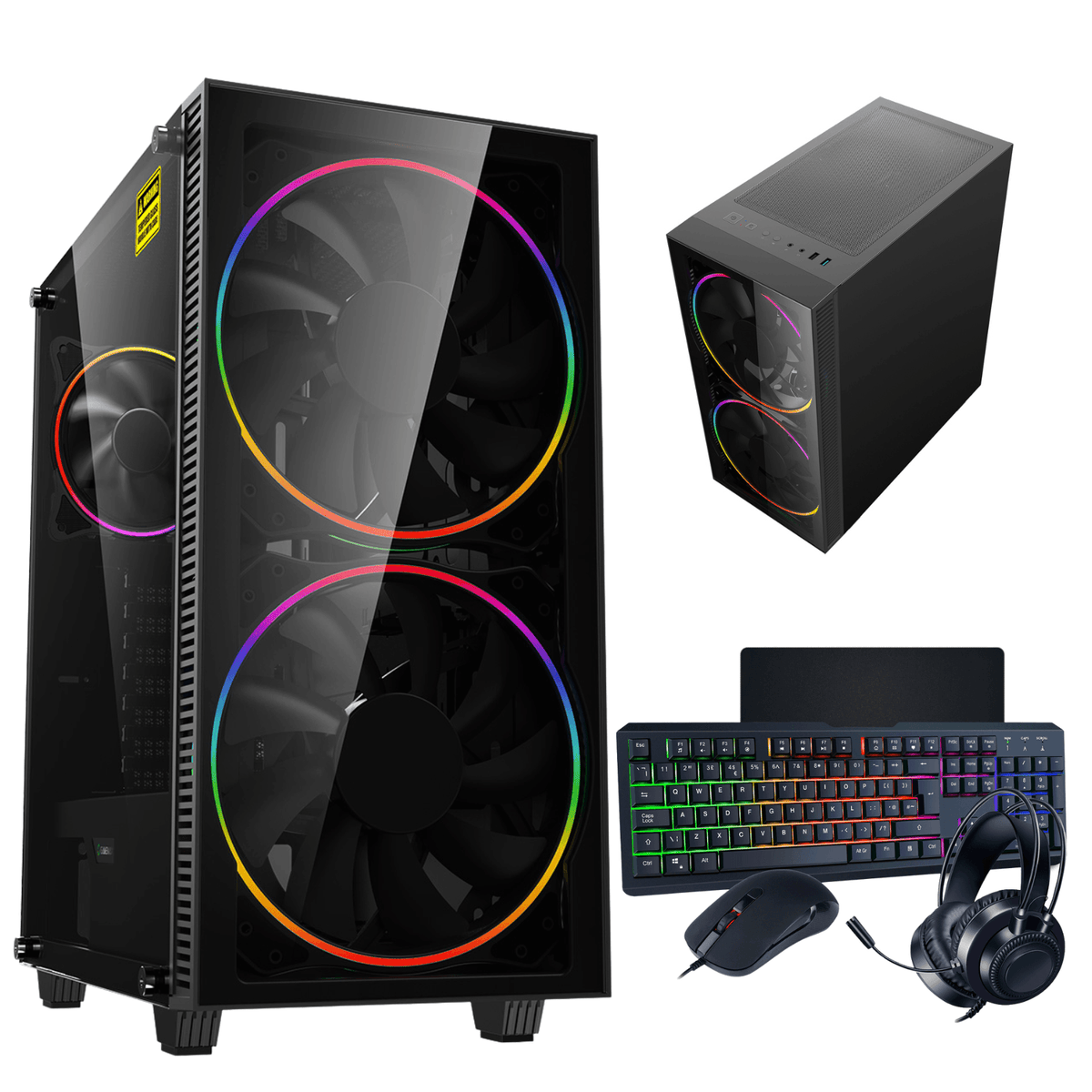 RGB gaming PC desktop set with LED fans, keyboard, mouse, and headset on white background